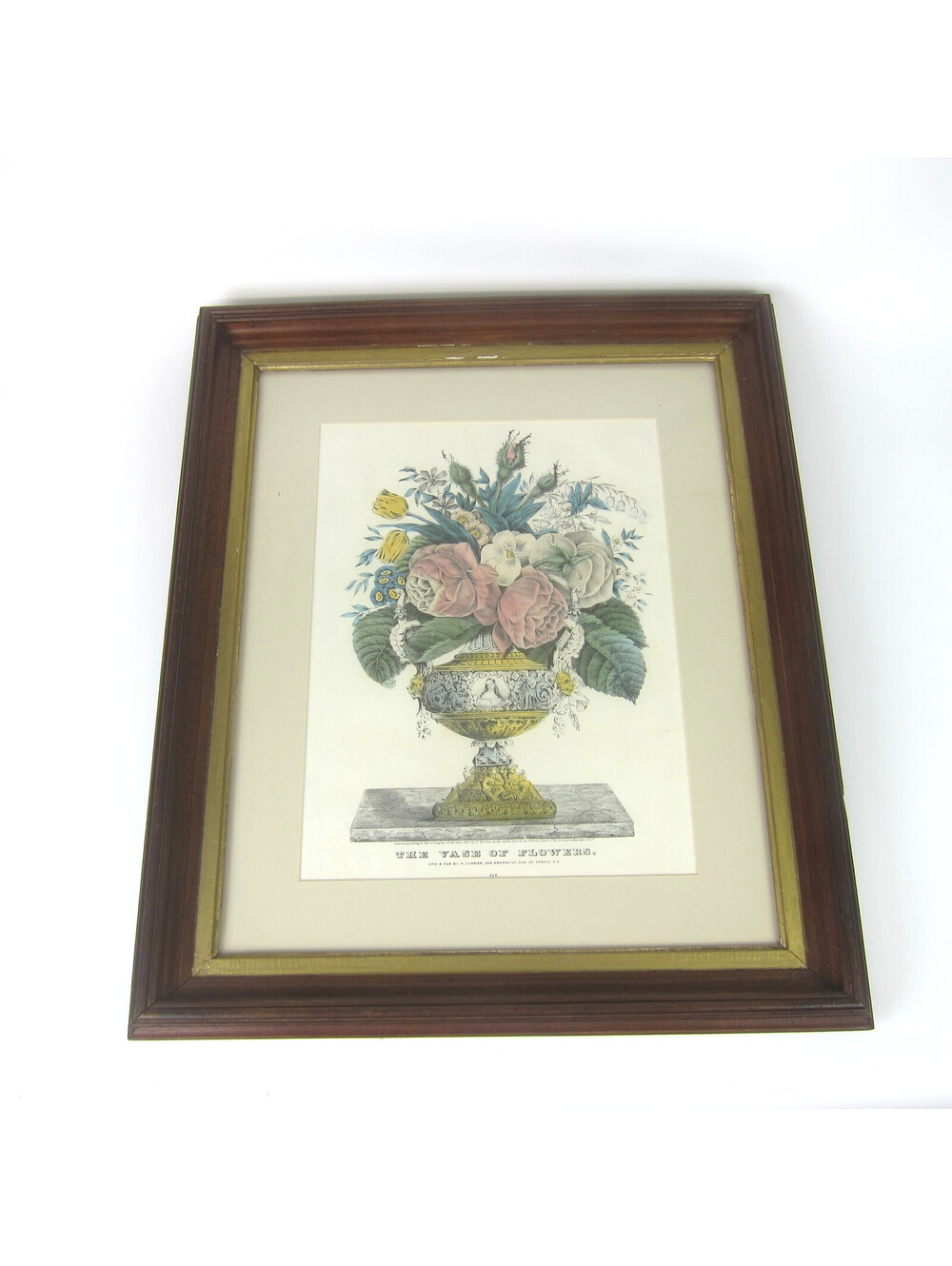Antique Currier Hand Colored Lithograph Print The Vase of Flowers 1847 Framed